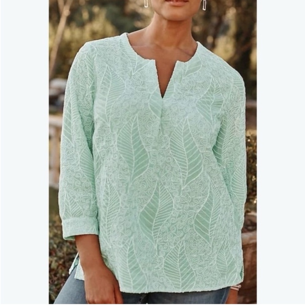 J. Jill NWT aline notch neck popover long sleeve top mint leaf fully embroidered